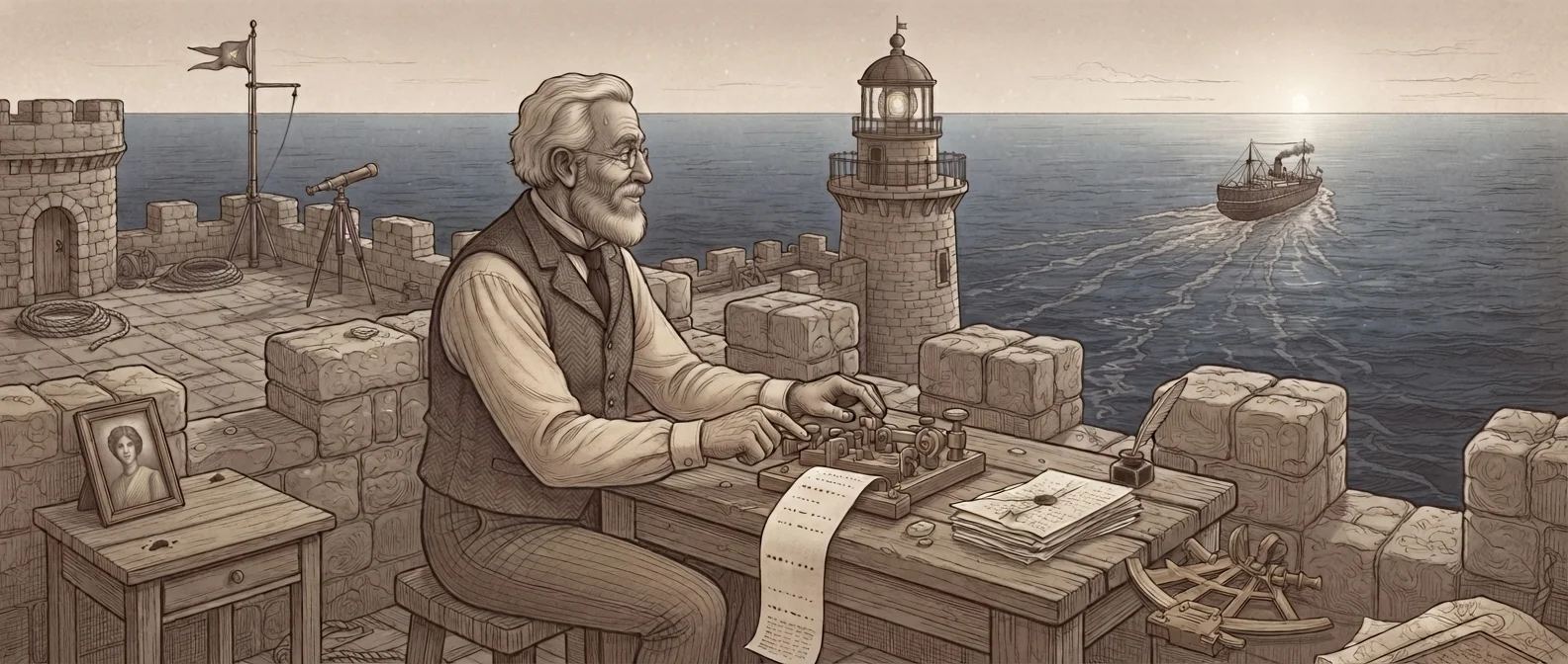 A friendly telegraph operator waving hello while sending a greeting message in Morse code from a vintage communication station