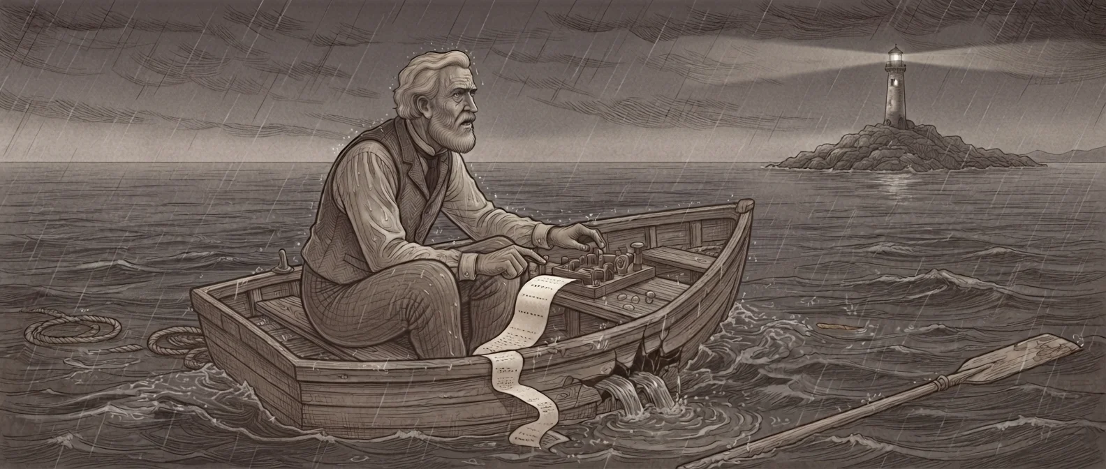 An urgent scene of someone sending a help message via Morse code telegraph during an emergency situation