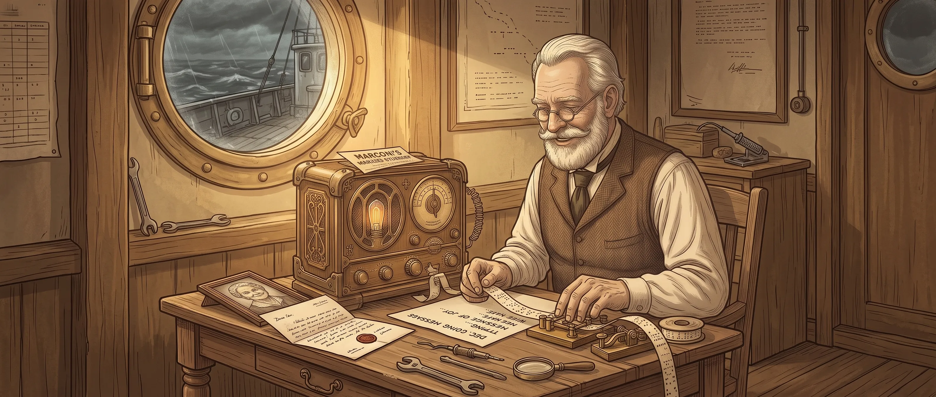 A romantic vintage illustration of a couple exchanging love letters via telegraph with Morse code symbols forming a heart shape between them