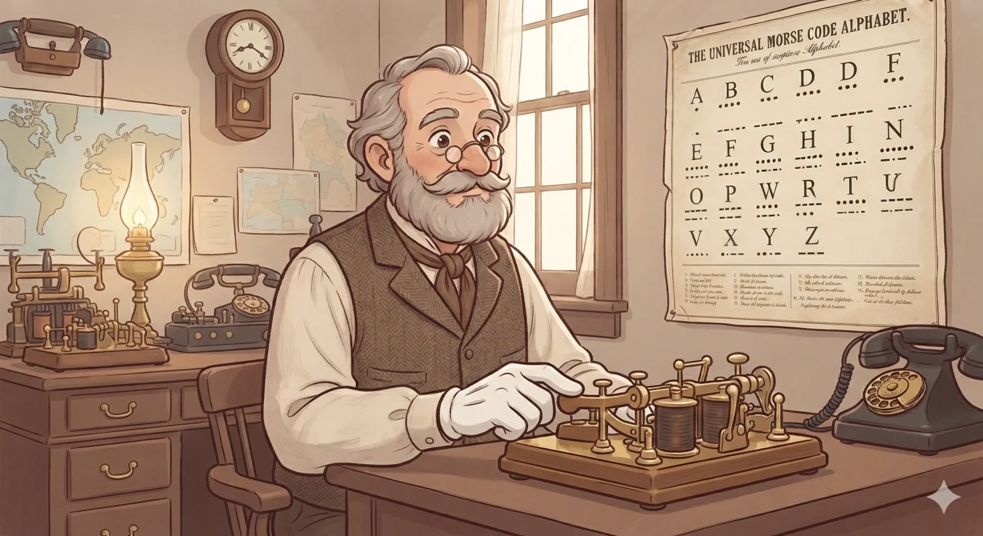Illustration of a telegraph operator in a vintage office with a Morse code alphabet chart on the wall, using a telegraph key to send messages