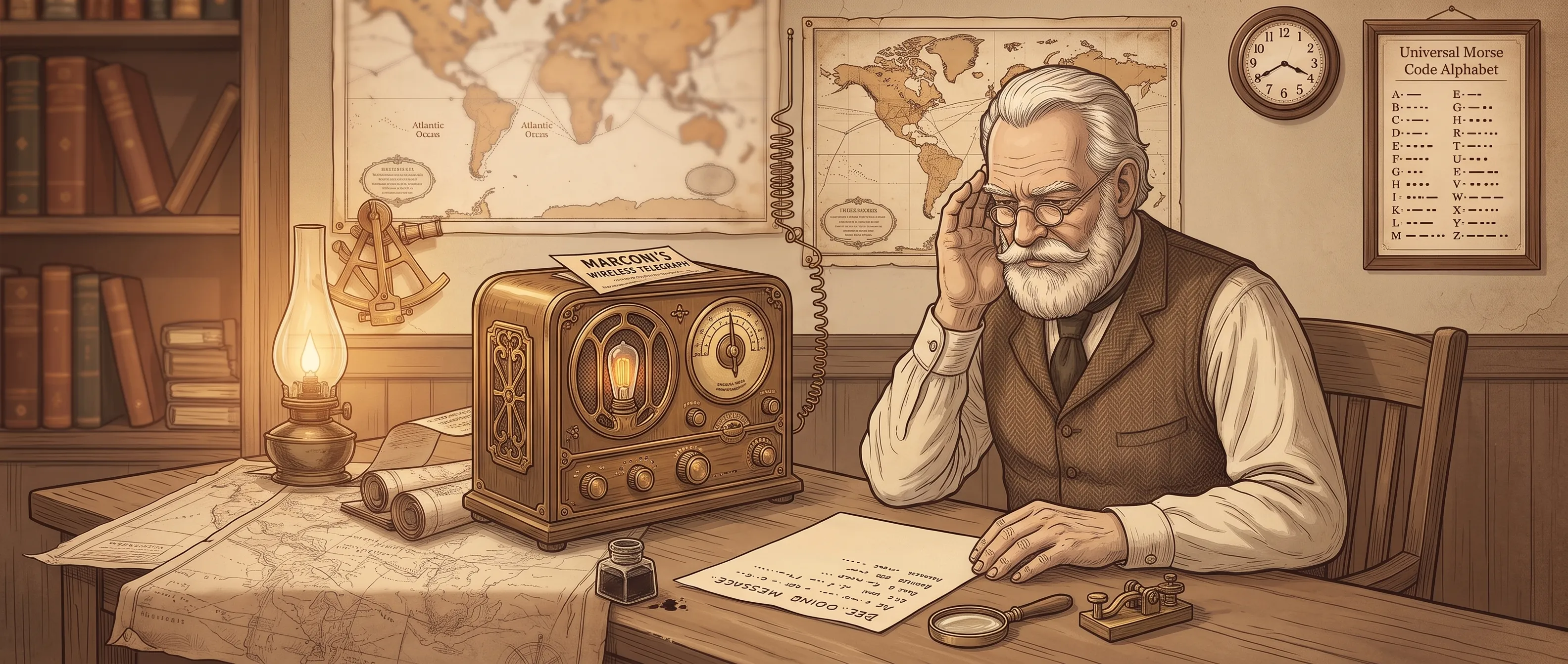 A vintage telegraph operator decoding Morse code signals, translating dots and dashes into readable text messages