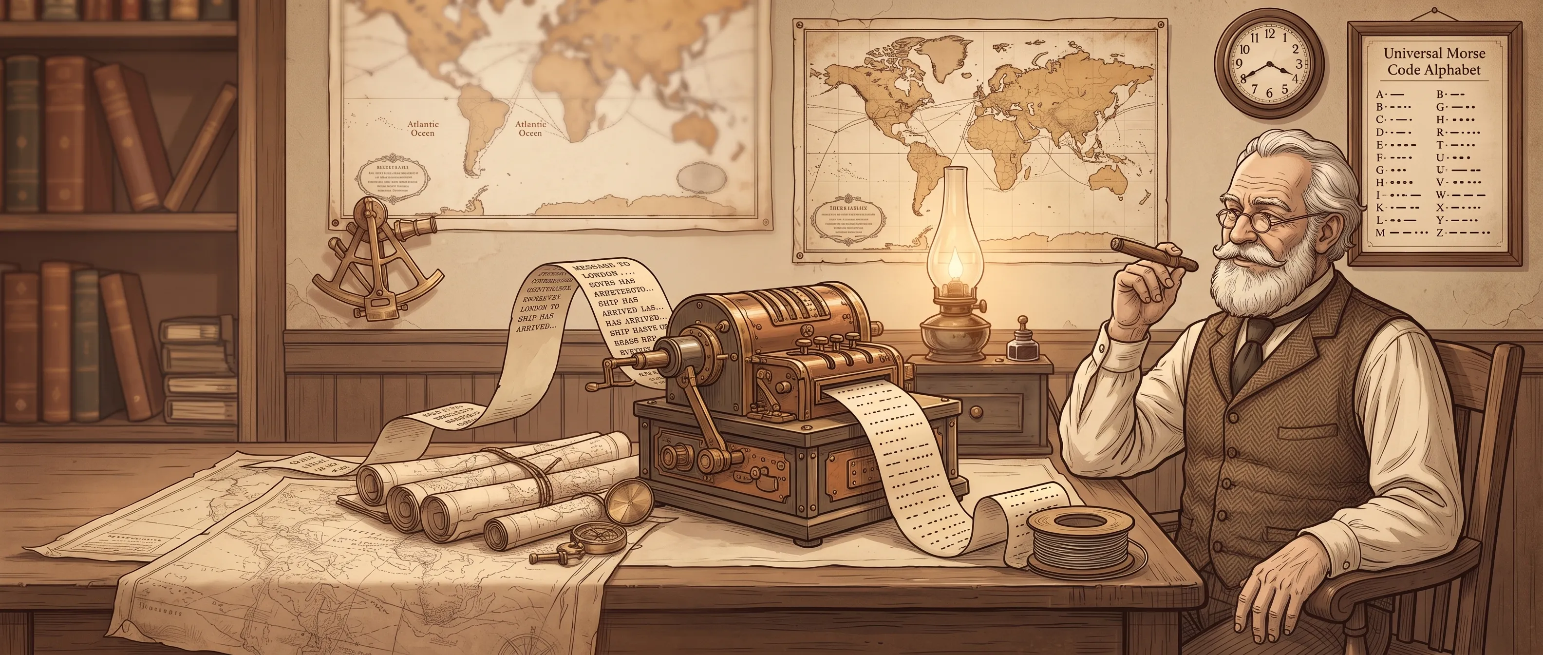 A vintage telegraph operator using a Morse code generator machine to convert text messages into dots and dashes for transmission