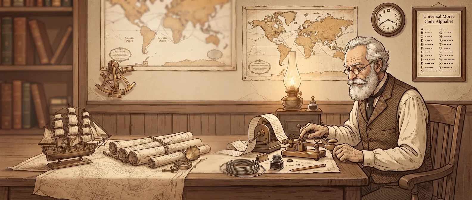 Vintage illustration of a telegraph operator at his desk with a world map, oil lamp, and Morse code alphabet chart, sending messages using a telegraph key