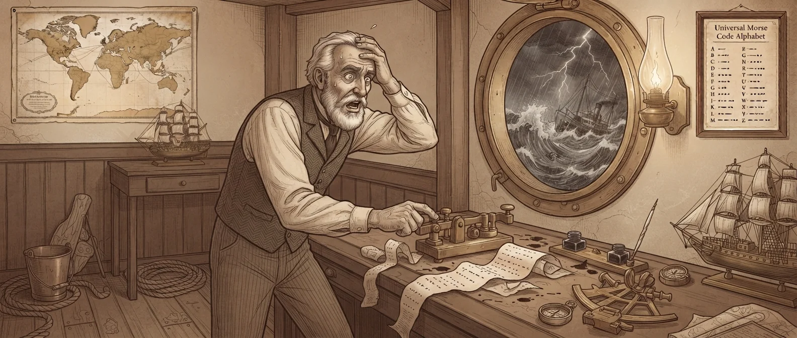 A distressed sailor on a wooden ship at sea sends an SOS Morse code signal using a telegraph machine while dark storm clouds gather on the horizon